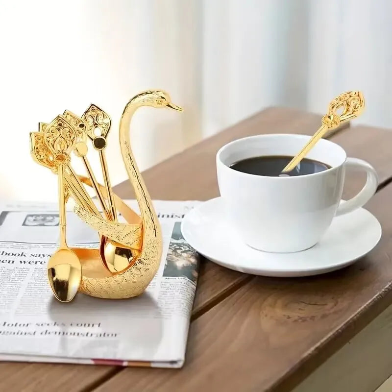 7PCS Stainless Steel Swan Base Holder With 6 Spoons