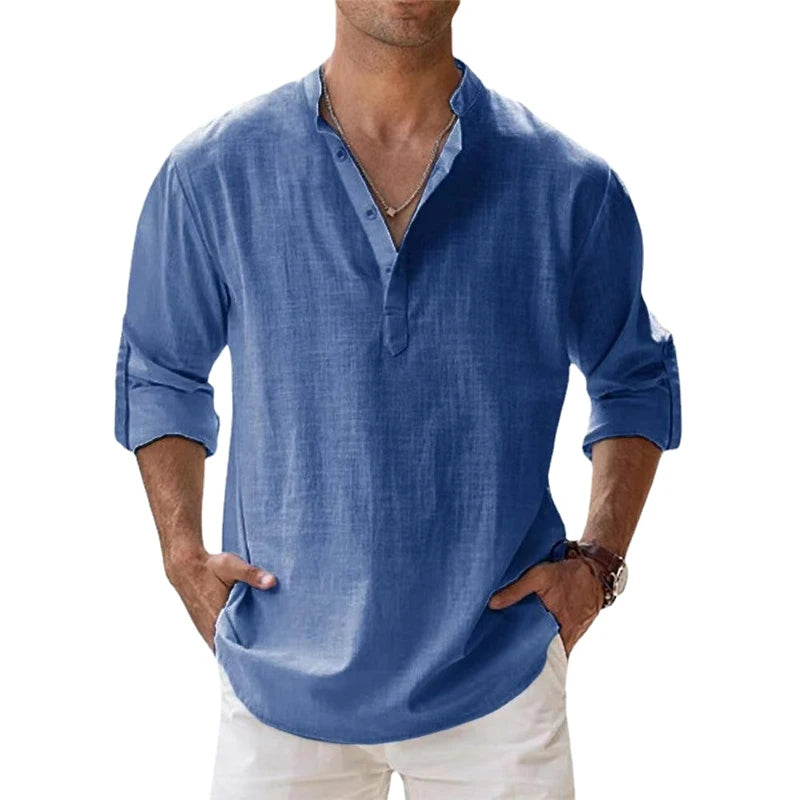 2023 New Men's Linen Long Sleeve Breathable Shirt Solid Colors.