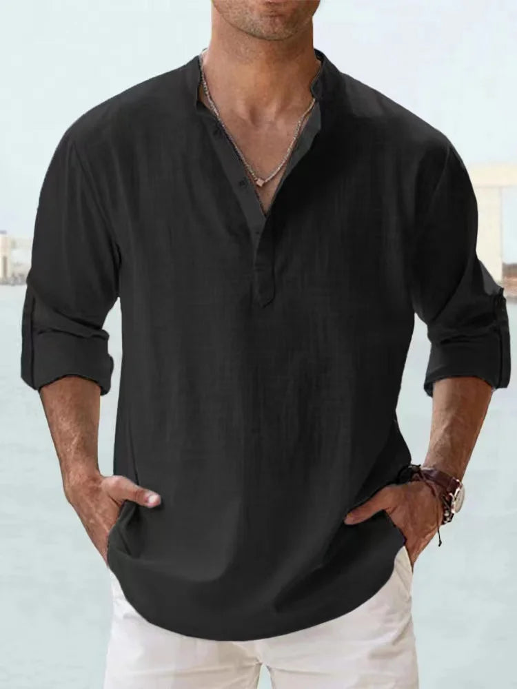 2023 New Men's Linen Long Sleeve Breathable Shirt Solid Colors.