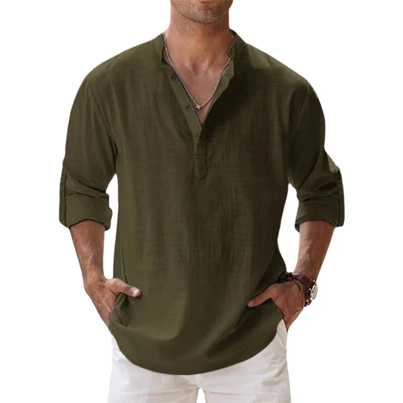 2023 New Men's Linen Long Sleeve Breathable Shirt Solid Colors.