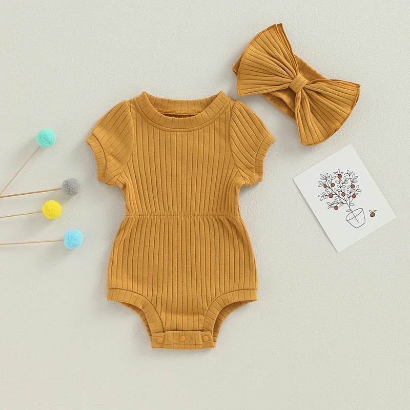 Baby Girl Solid Color Bodysuit with Headband