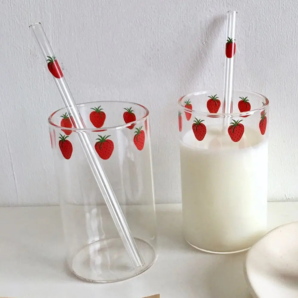 300ml Strawberry Glass Cup With Straw