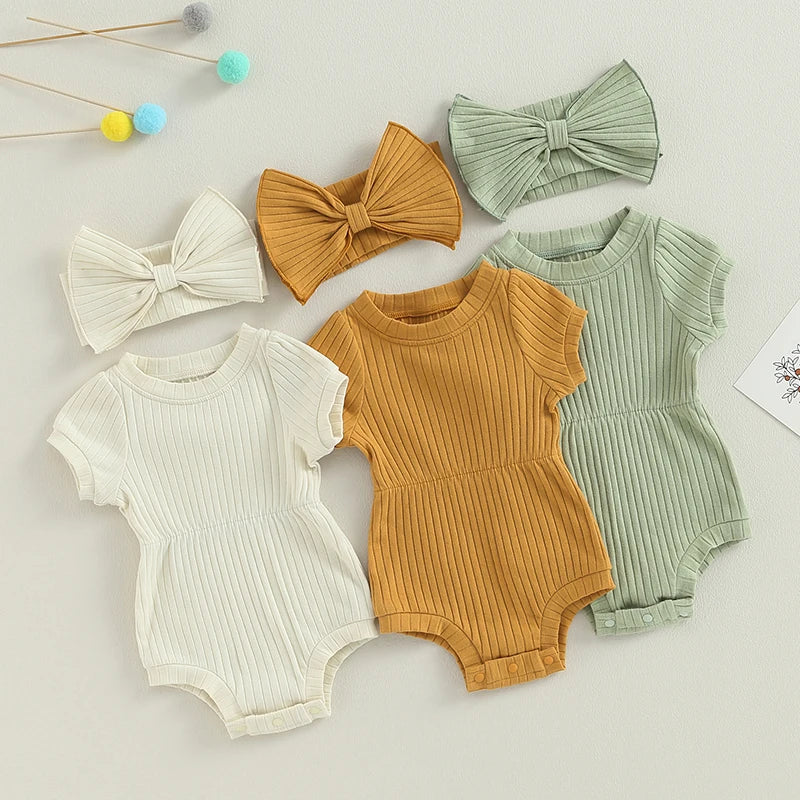 Baby Girl Solid Color Bodysuit with Headband