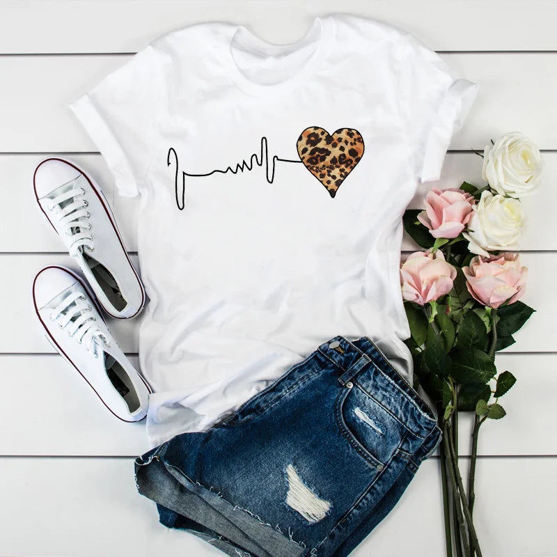 Summer New 90 's Leopard Heartbeat Short Sleeve Print Clothing Women's T-Shirt.