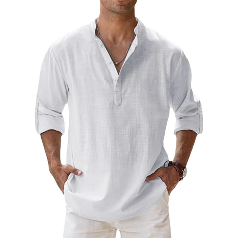 2023 New Men's Linen Long Sleeve Breathable Shirt Solid Colors.