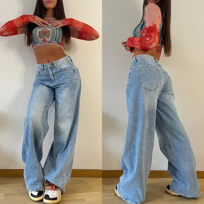 2024 Baggy Women High Waist Jeans Flare Pants.