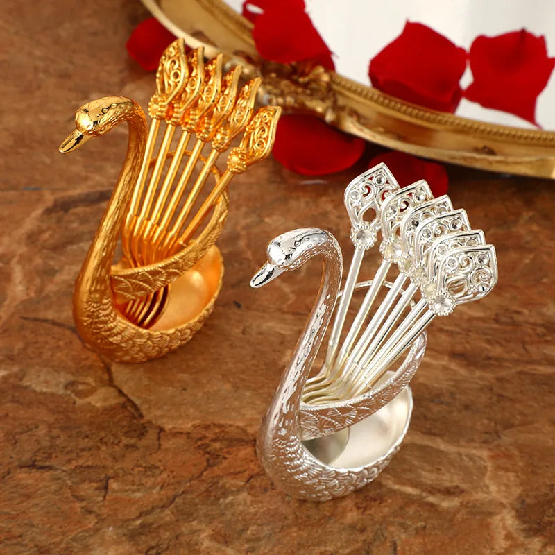 7PCS Stainless Steel Swan Base Holder With 6 Spoons