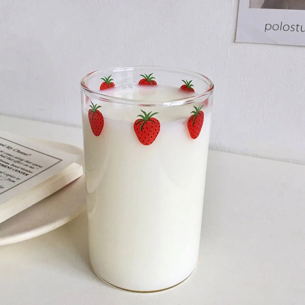 300ml Strawberry Glass Cup With Straw