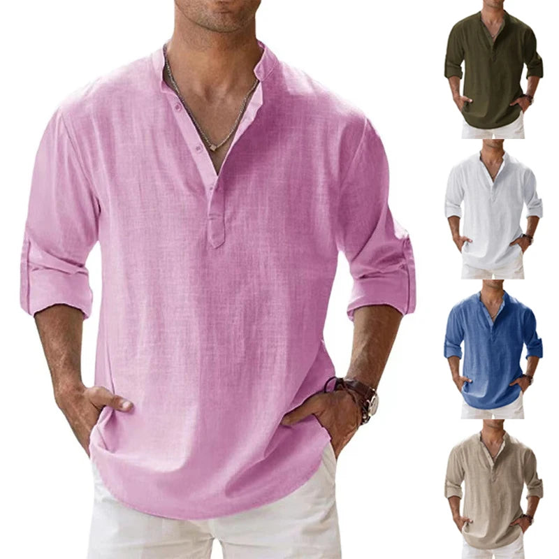 2023 New Men's Linen Long Sleeve Breathable Shirt Solid Colors.