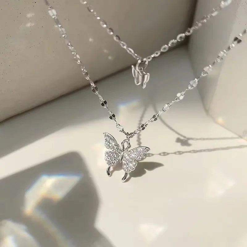 Sterling Silver Double Layer Butterfly Necklace