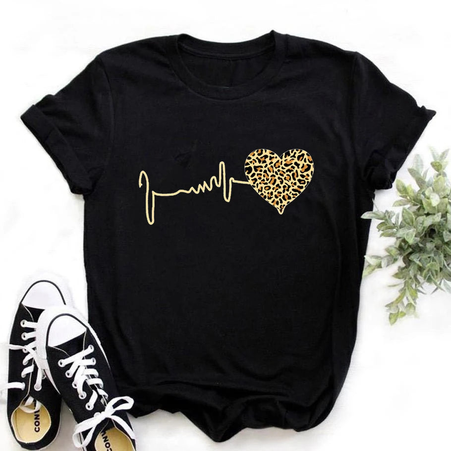 Summer New 90 's Leopard Heartbeat Short Sleeve Print Clothing Women's T-Shirt.