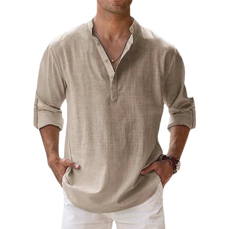 2023 New Men's Linen Long Sleeve Breathable Shirt Solid Colors.