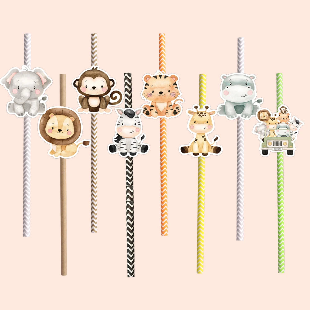 16Pcs Animal Straws Eco Paper Straw