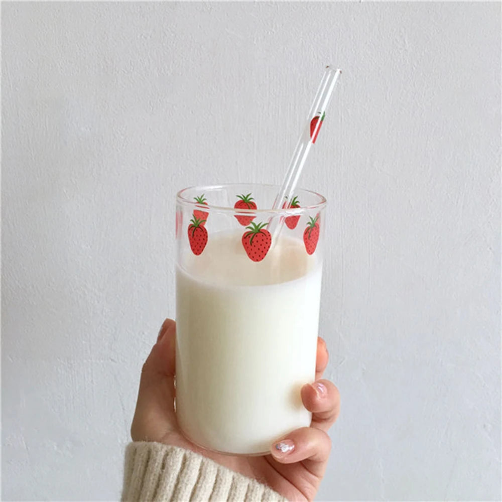 300ml Strawberry Glass Cup With Straw