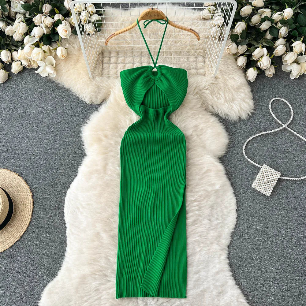 Fashion Sexy Package Hips Split Knitted Summer Dress