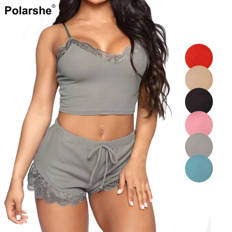 Women Pajama Sets Sexy Lace Sleeveless Soft Pajamas