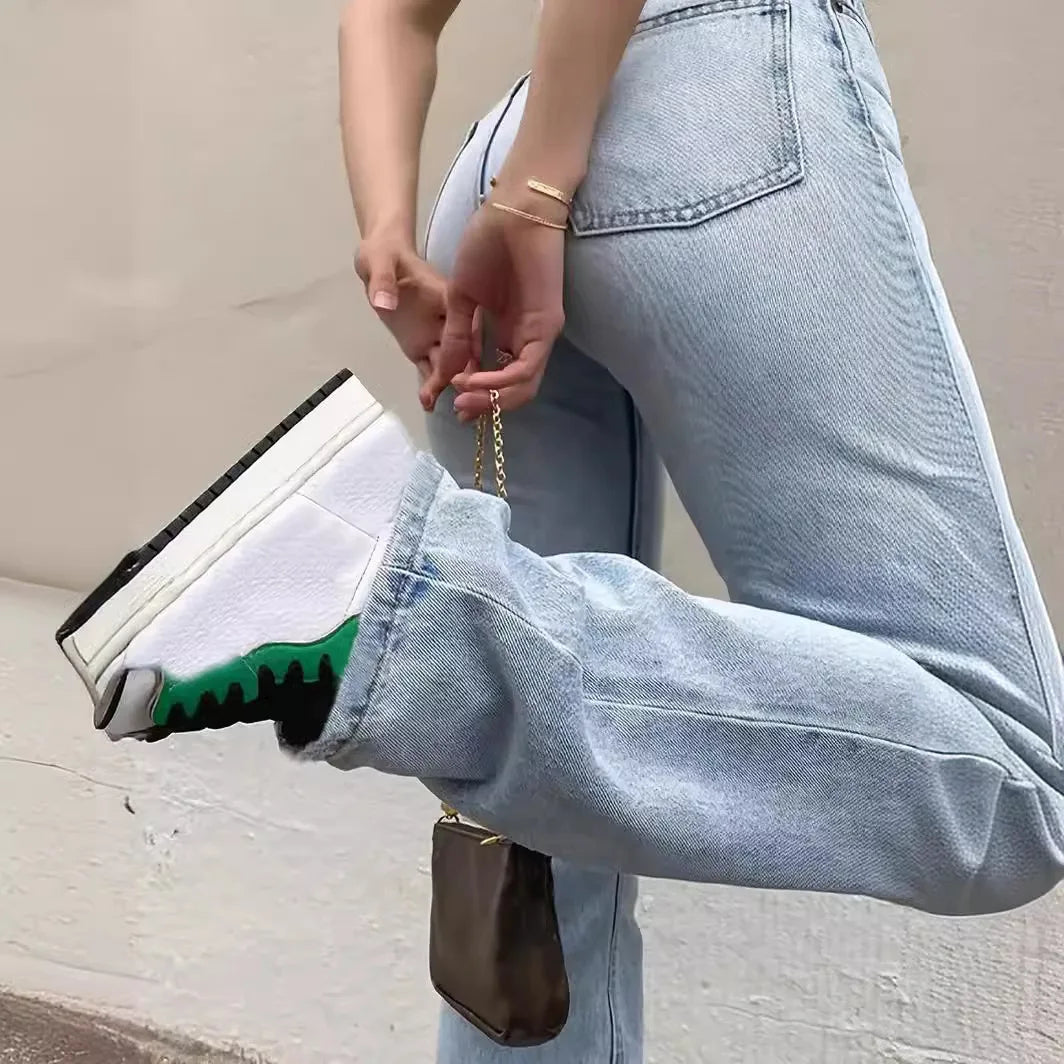 Wash Jeans Denim Women Straight Pants Pockets High Waist Ankle Length Loose