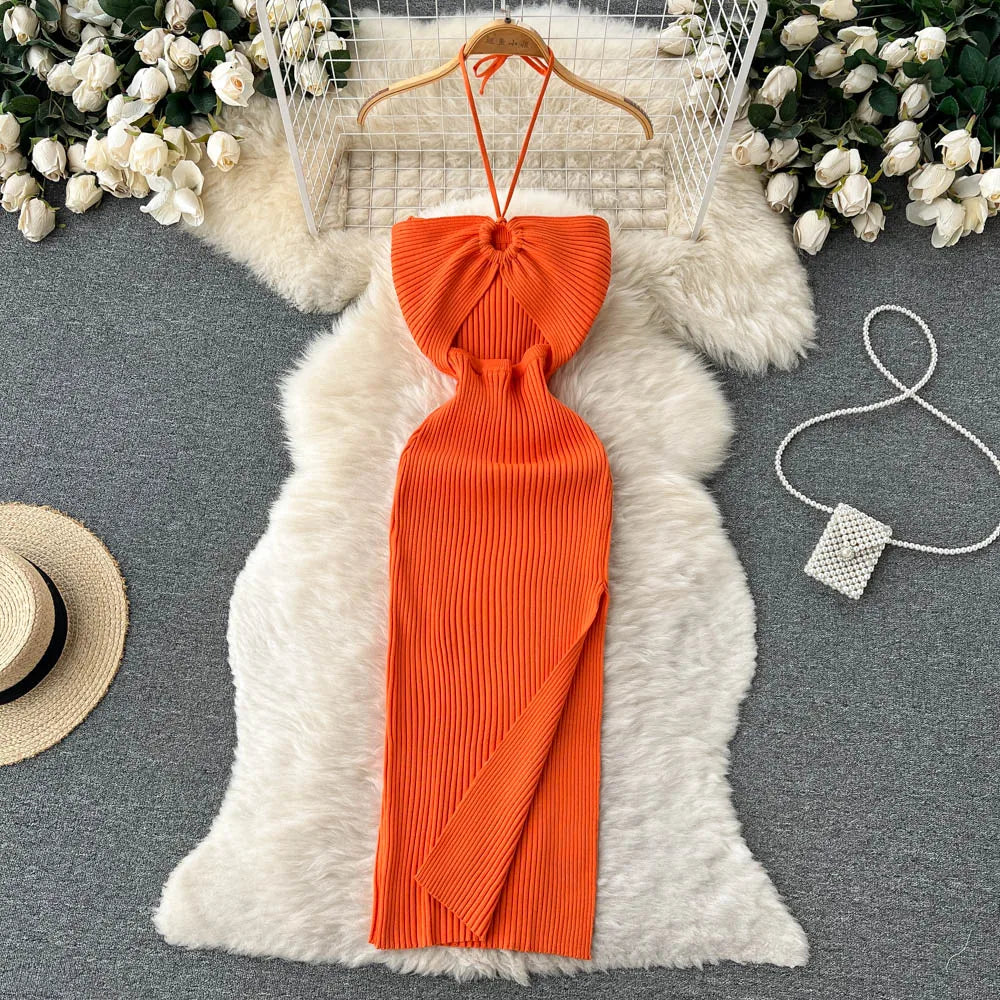 Fashion Sexy Package Hips Split Knitted Summer Dress